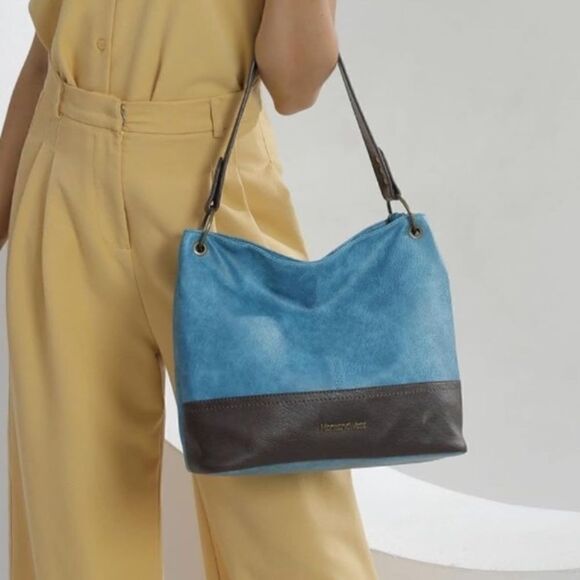 New Hobo Handbags for Women Vegan Leather Contrast Colors Top Handle Satchel Bag - Picture 13 of 16